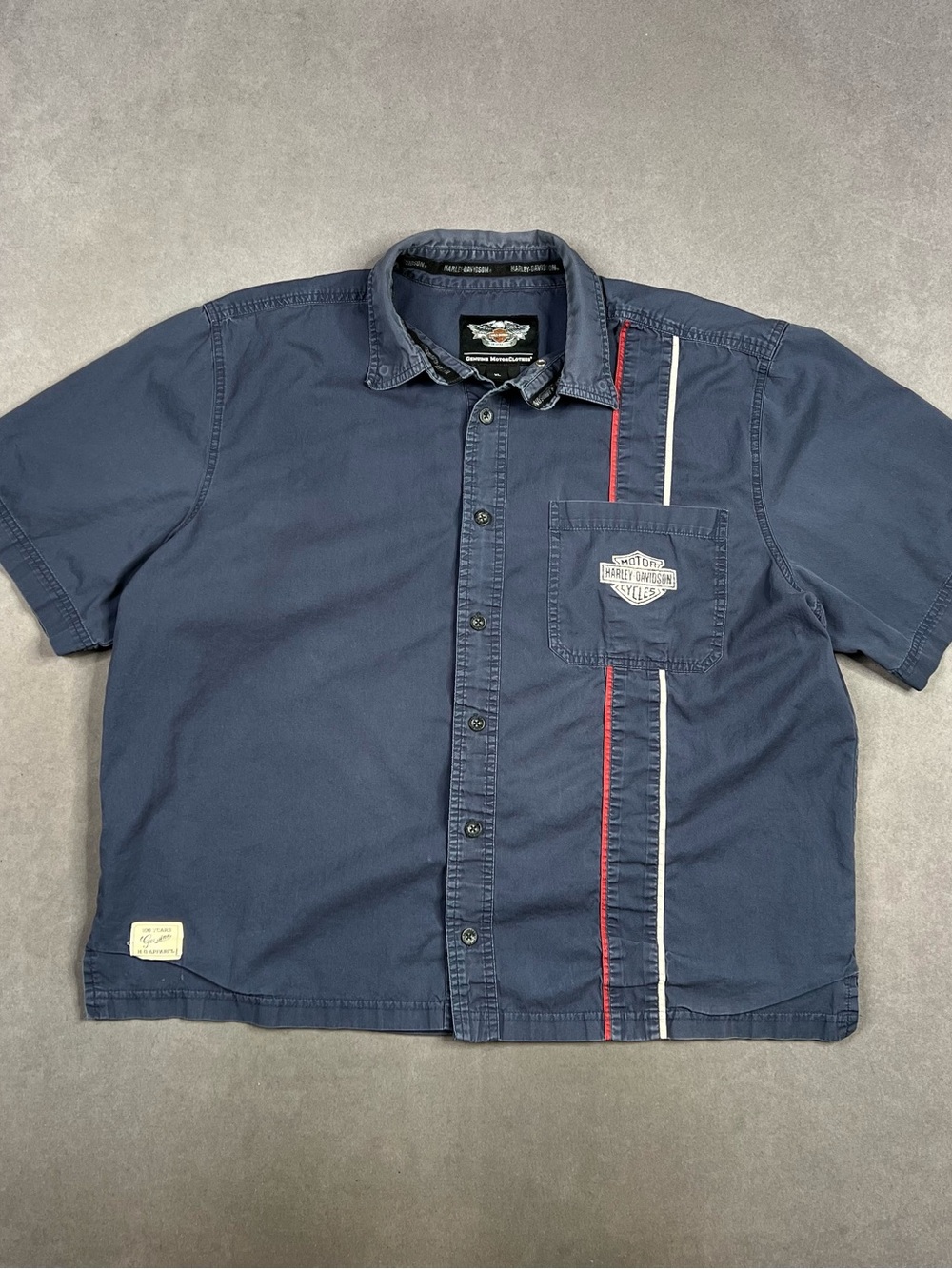 Harley-Davidson Navy Short-Sleeve Button Shirt with Red & White Stripes